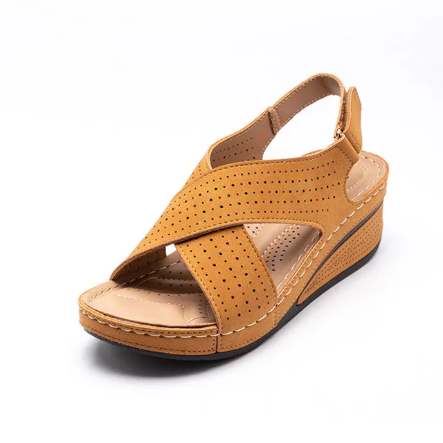 Women's Sewing Hollow Out Wedges Pu Leather Comfort Retro Sandal